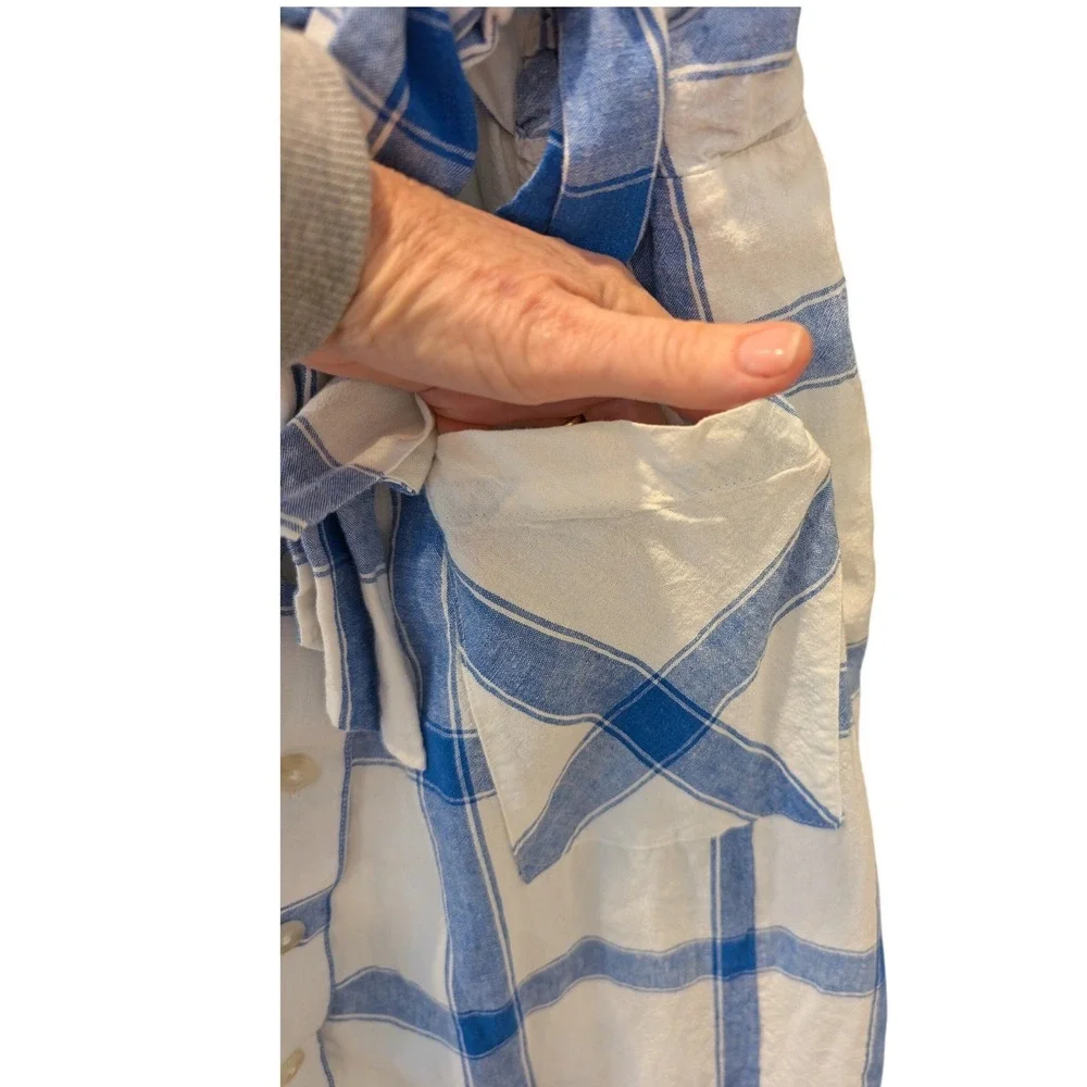 Maeve Anthropologie Midi Wrap Skirt Blue White Plaid Linen Blend Size 2 - Picture 4 of 10